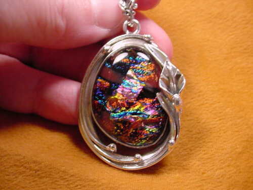 Primary image for #D-533), DICHROIC Fused GLASS silver Pendant ORANGE PINK GREEN