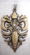 Brass Metal Stamped Double Dragon Sword Cross Rhinestone Pendant Men Boys 2 1/2&quot; - £15.97 GBP