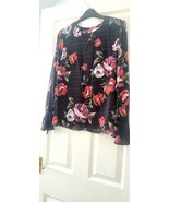 Warehouse size 10 blouse Black Floral Rose Top with Flared Tie Cuffs - $8.75