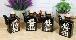 Set Of 4 Black Traditional Japan Soy Sauce Dispenser Flask 9oz Calligraphy - £63.26 GBP