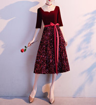 Wine Red Half Sleeve Velvet Midi Dress Custom Plus Size Bridesmaid Midi Dress