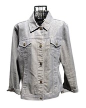 CHICO&#39;S Platinum Long Sleeve Metallic Denim Jacket with Gold LOGO Buttons SZ LG - £35.51 GBP