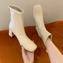 Winter Hot Women 5cm Block High Heels Ankle Boots White Beige Heels Leather Shor - £37.48 GBP