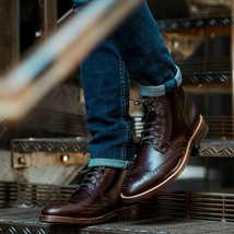 Chocolate Brown Color High Ankle Full Brogue Toe Wing Tip Leather Lace Up Boots - £125.80 GBP+