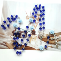 Deep Blue Faux Crystal with Light Blue Flower Bead Rosary Catholic Women... - $16.99