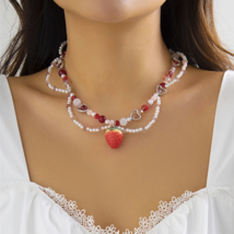 Handmade Vintage Sweet Pearl Chain Strawberry Pendant Necklacet Choker J... - £14.24 GBP