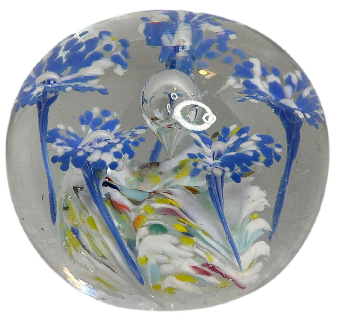 Primary image for Blue Pin stripped Flowers Art Glass Paperweight Cased Glass Décor 3”