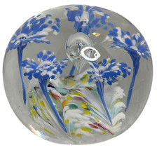 Blue Pin stripped Flowers Art Glass Paperweight Cased Glass Décor 3” - $24.54