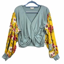 Umgee Shirt Small Cropped Jersey Knit Twist Floral Balloon Sleeve Mixed Media - £10.79 GBP