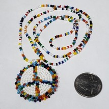 VTG Native American 26&quot; Seed Bead Necklace Peace Sign Medallion Leather Back - £15.72 GBP