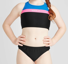 NEW Speedo Girls 2 Pc Bikini Set black sz XS 5/6 sunblocking racerback swimwear - £9.40 GBP