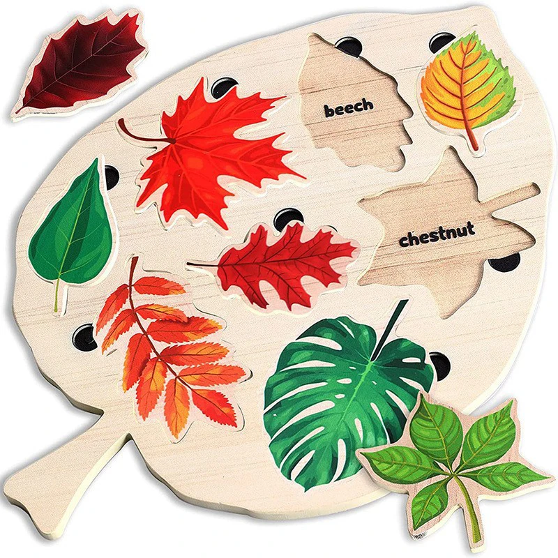 Kids Montessori Puzzles Wooden Toy Leaf Jigsaw Shape Matching Cognition Drawing - £16.81 GBP+