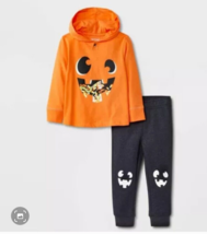 Cat &amp; Jack Halloween Pumpkin Long Sleeve Hoddie Top  &amp; Fleece Jogger Pan... - £8.18 GBP