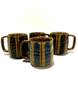 Vintage Studio Art Pottery Coffee Mugs Set of 4 Beige Blue Handle - £57.26 GBP