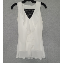Women&#39;s White Ruffle Sleeveless Lined Blouse w/ Black Lace Cutout Small - £11.89 GBP