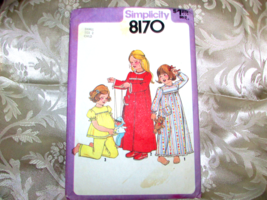 SIMPLICITY 8170 girl&#39;s small size 2 nightgown, pajamas,  robe   (sew drwr) - $4.95