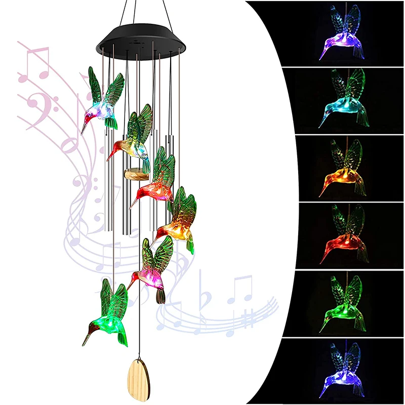 Color Changing Hummingbird Solar Wind Chime Hanging Solar Garden Light Aluminum  - £153.97 GBP