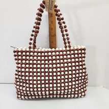 Vintage Acrylic Beaded Brown &amp; White Hand Bag Zip Purse Made In Hong Kong - $35.79