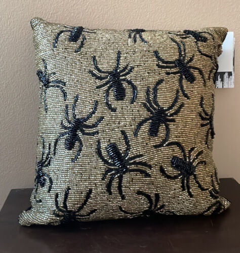 Noir Night Halloween Beaded Throw Pillow Black Gold Spiders 14" Spooky - $49.92