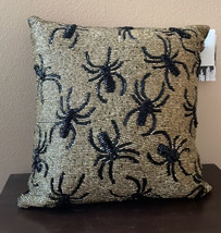 Noir Night Halloween Beaded Throw Pillow Black Gold Spiders 14&quot; Spooky - $49.92