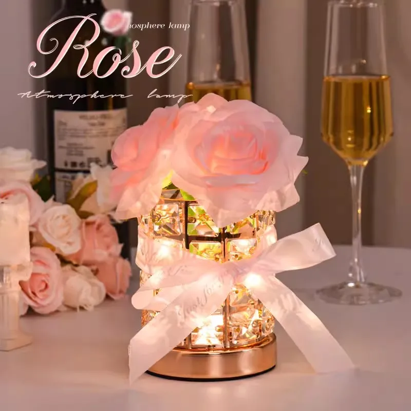 Romantic Rose Crystal Lamp LED Night Light USB Rechargeable Dimmable Flower - £23.93 GBP+