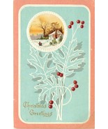 Embossed Postcard N138 Peach Teal Snow Scene Vignette Holly Berries Leav... - $130.08 MXN
