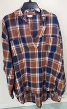 POL Women Blouse Top Large L Oversized Plaid Boho Lagenlook Peasant Cott... - $29.67