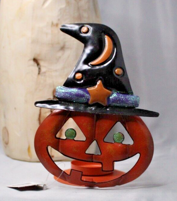 Primary image for Halloween Jack-O-Lantern Witch Votive Candle Holder Metal Painted Glitter Orange
