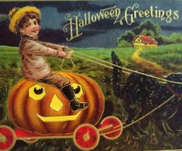 Halloween Postcard Child Rides Goblin Carriage Buggy Driven By Black Cat 1910 - £91.52 GBP