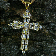 1.35 CT Imitation Diamant 14K Jaune Plaqué Or Baguette Croix Pendentif Breloque - £93.58 GBP