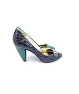 Gracienne Pump Stiletto Heels Green Pearl Patent Leather Peep Toe Gold Trim 11 - $29.00