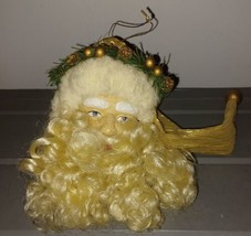 Santa Claus Face Ornament Gold Hat White Full Fluffy Beard  Head 7” - £10.19 GBP