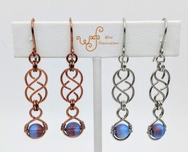 Handmade copper earrings: Celtic links framed wire wrapped Czech glass - $23.00