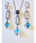 Blue Agate silver jewelry set Victorian jewelry necklace long earrings b... - $52.00