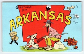 Greetings From Arkansas Hillbilly Rifle Dog Hot Springs Postcard Map Linen Kropp - £14.69 GBP