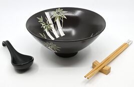 Green Bamboo Forest Black Ceramic Ramen Bowl Soup Spoon Chopsticks And R... - $33.99