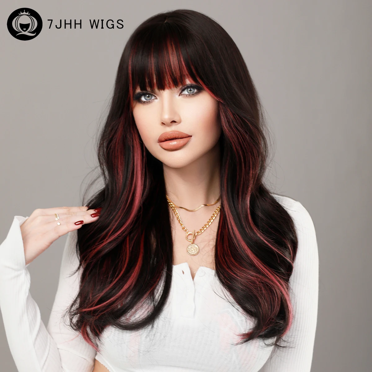 7JHH WIGS Long Wavy Black Wig for Women Highlight Pink Wigs with Bangs New Trend - £14.78 GBP+