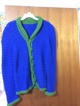 Vtg 70s Mod Boho Blue Green Handmade Knit Crochet 6 Button Sweater Sz Sm Euc - £15.57 GBP