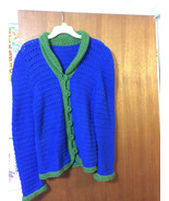 VTG 70s MOD BOHO Blue Green Handmade KNIT Crochet 6 Button SWEATER SZ SM... - £15.48 GBP