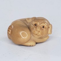Japanese Netsuke Smiling Puppy Dog Signed Palm Or Tagua Nut Figurine - $124.99