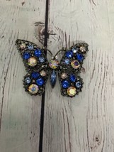 Weiss Dark Silver Tone Butterfly Brooch With Blue Rhinestones &amp;Aurora Boreali - £43.06 GBP