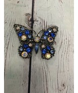 Weiss Dark Silver Tone Butterfly Brooch With Blue Rhinestones &amp;Aurora Bo... - £43.02 GBP