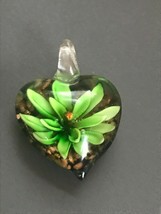 Estate Green Spikey Flower in Clear Glass Heart Art Pendant – 1.75 x 1.25 inches - £11.05 GBP