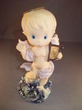 Ceramic Figurine Angel Baby Boy with Harp on Rough Waves - $7.95