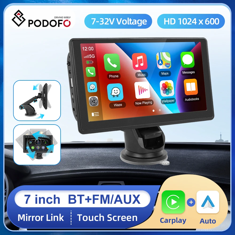 Podofo 7inch Carplay Monitor MP5 Portable Smart Player Wireless Carplay Android - £54.52 GBP+