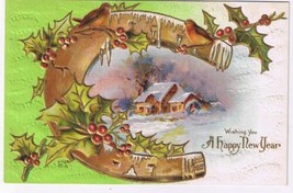 Holiday Postcard Embossed Happy New Year Horseshoe Mistletoe Snowy Home ... - £2.31 GBP