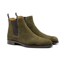 Men&#39;s Handmade Olive Green Suede Leather Chelsea round toe dress boots - £114.42 GBP