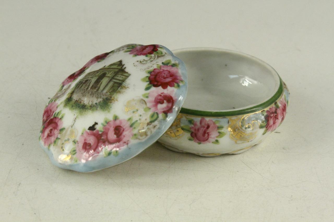 Primary image for Vintage Porcelain Hand Painted Pink Rose Country House Round Powder Dish Box