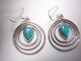 Simulated Turquoise in Concentric Circles 925 Sterling Silver Dangle Ear... - £9.19 GBP