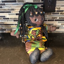 African-American Girl 16” Handmade Fabric Doll Black Hair Braids With Clay Beads - £19.94 GBP